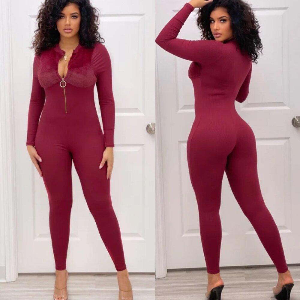 THEA FRONT ZIPPER LONG SLEEVE JUMPSUIT - BURGUNDY